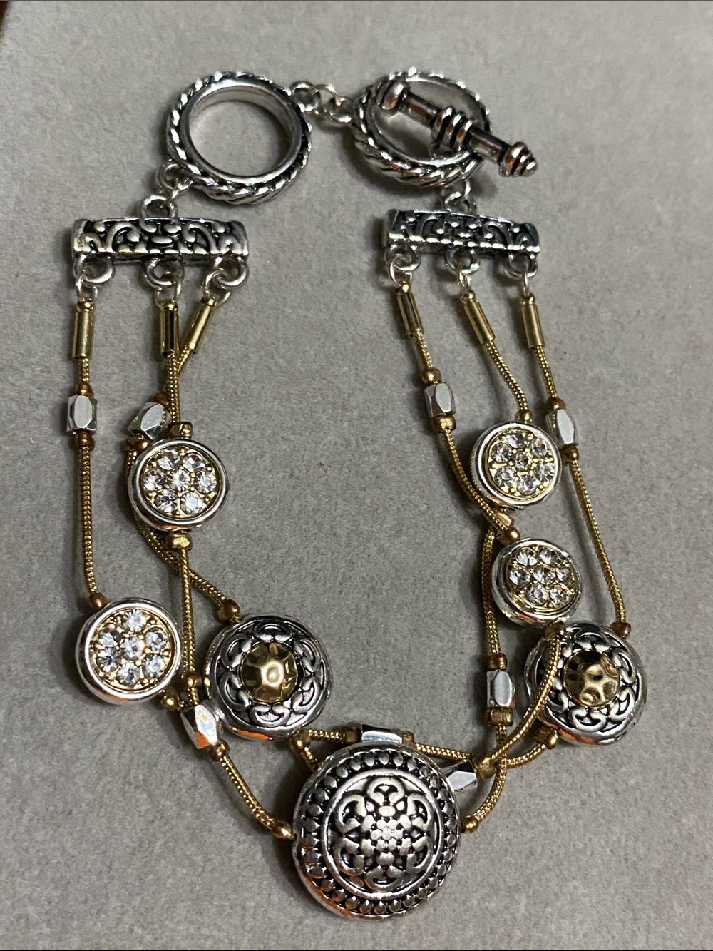 Two-Tone Silver & Gold Multi-Row Medallion Bracelet